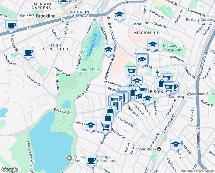 map of restaurants, bars, coffee shops, grocery stores, and more near 264 South Huntington Avenue in Boston