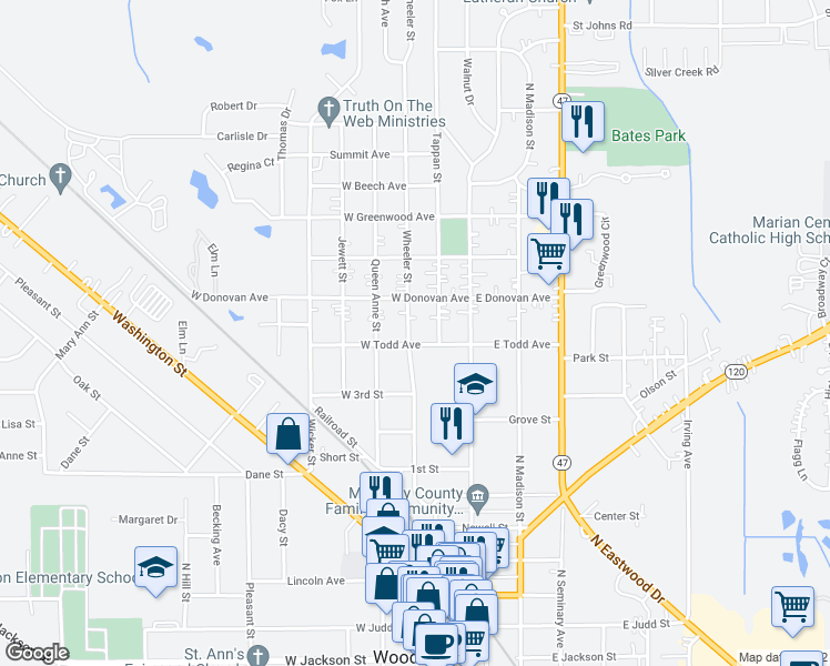 map of restaurants, bars, coffee shops, grocery stores, and more near 908 Wheeler Street in Woodstock