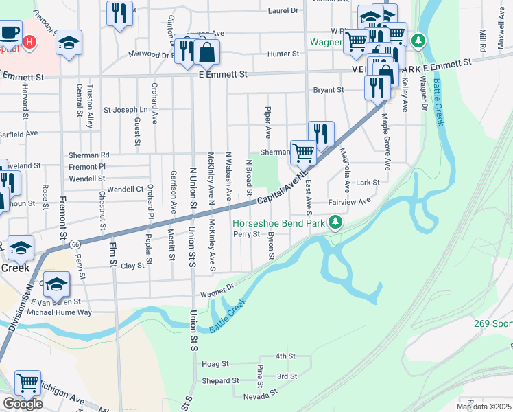 map of restaurants, bars, coffee shops, grocery stores, and more near 482 Capital Avenue Northeast in Battle Creek