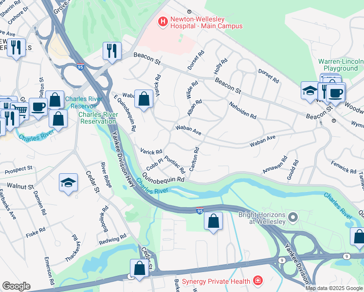 map of restaurants, bars, coffee shops, grocery stores, and more near 28 Ridge Road in Newton