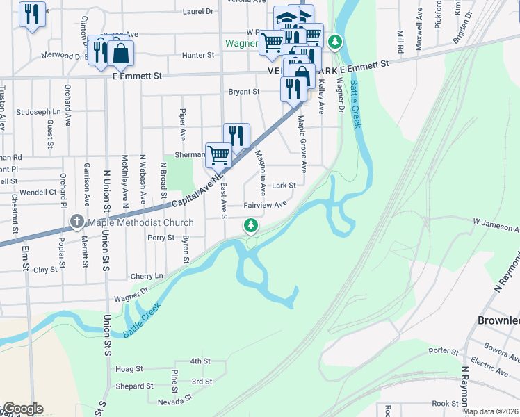 map of restaurants, bars, coffee shops, grocery stores, and more near 52 Fairview Avenue in Battle Creek