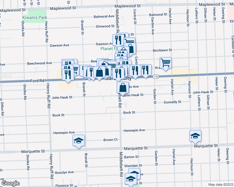 map of restaurants, bars, coffee shops, grocery stores, and more near 2017 Middlebelt Road in Garden City