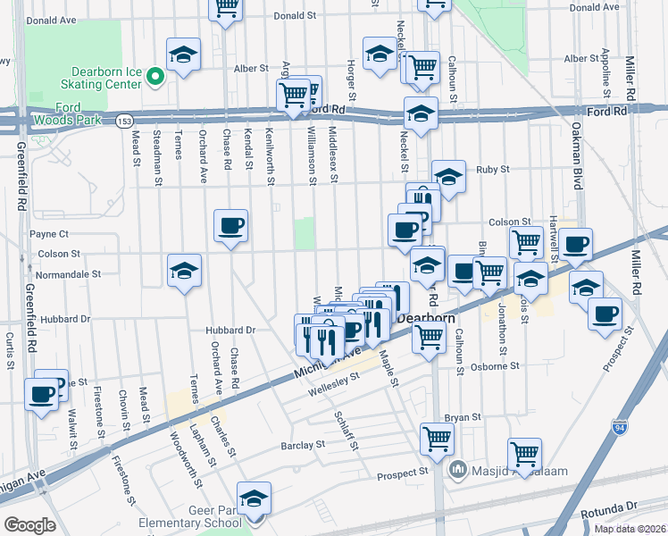 map of restaurants, bars, coffee shops, grocery stores, and more near 5037 Middlesex Street in Dearborn