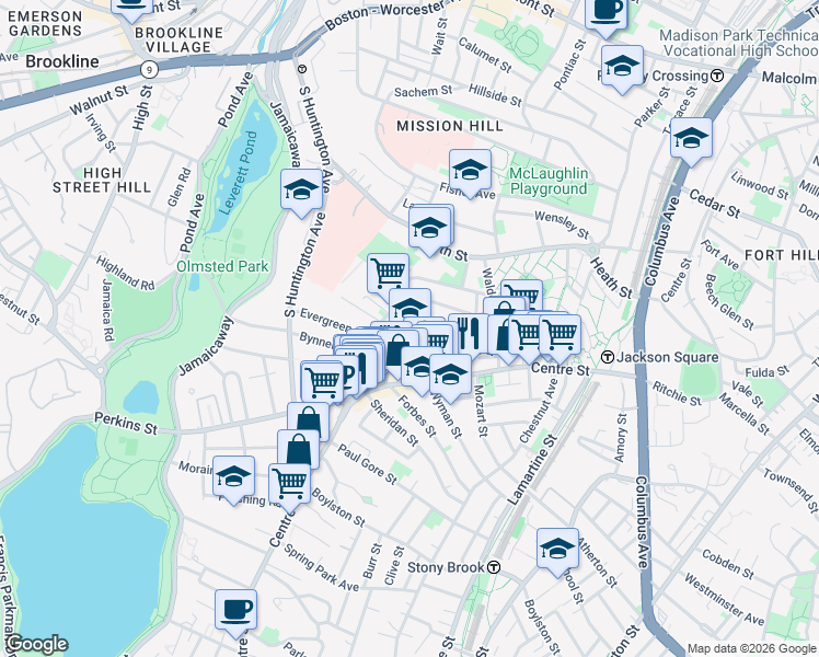 map of restaurants, bars, coffee shops, grocery stores, and more near 47A Creighton Street in Boston