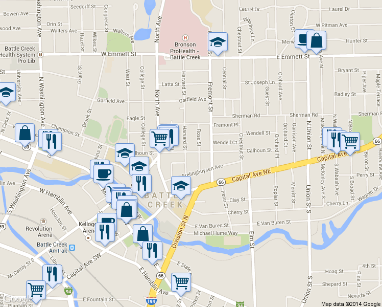 map of restaurants, bars, coffee shops, grocery stores, and more near 110 Calhoun St in Battle Creek