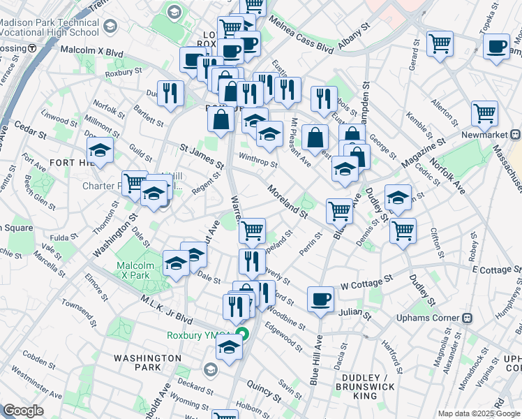 map of restaurants, bars, coffee shops, grocery stores, and more near 27A Whiting Street in Boston