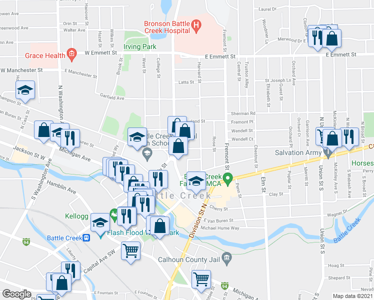 map of restaurants, bars, coffee shops, grocery stores, and more near 78 Calhoun Street in Battle Creek