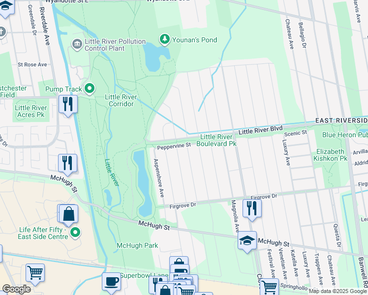 map of restaurants, bars, coffee shops, grocery stores, and more near 1282 Barkley Avenue in Windsor