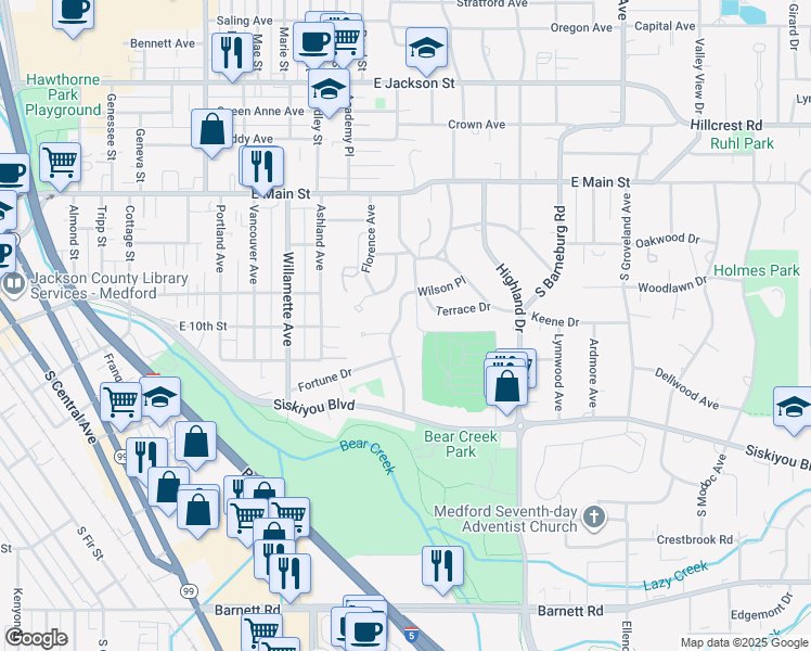 map of restaurants, bars, coffee shops, grocery stores, and more near 319 Eastwood Drive in Medford