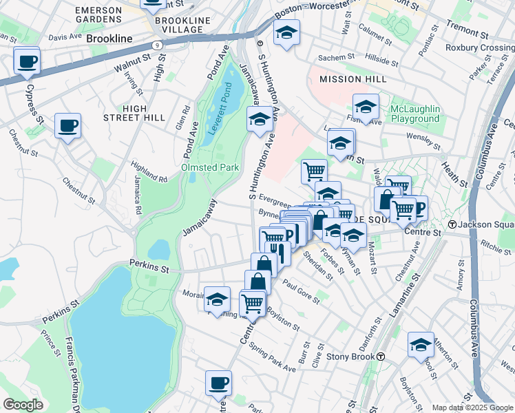 map of restaurants, bars, coffee shops, grocery stores, and more near 264 South Huntington Avenue in Boston