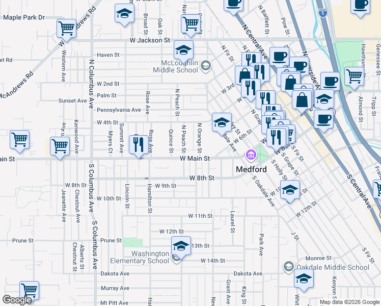 map of restaurants, bars, coffee shops, grocery stores, and more near 906 West Main Street in Medford