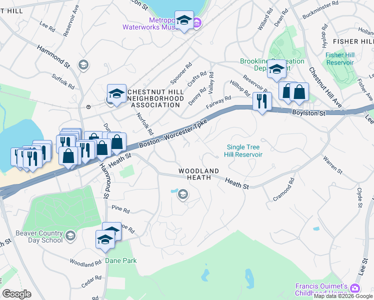 map of restaurants, bars, coffee shops, grocery stores, and more near 327 Heath Street in Brookline