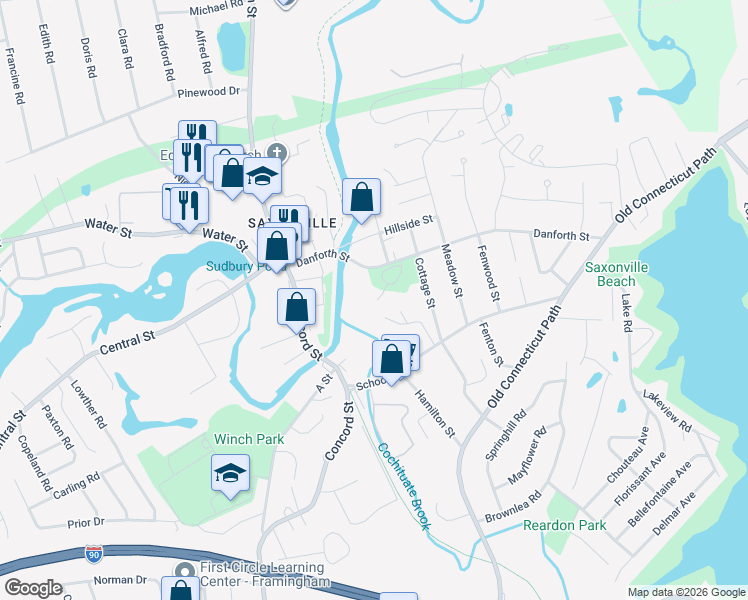 map of restaurants, bars, coffee shops, grocery stores, and more near 11 Danforth Park Road in Framingham