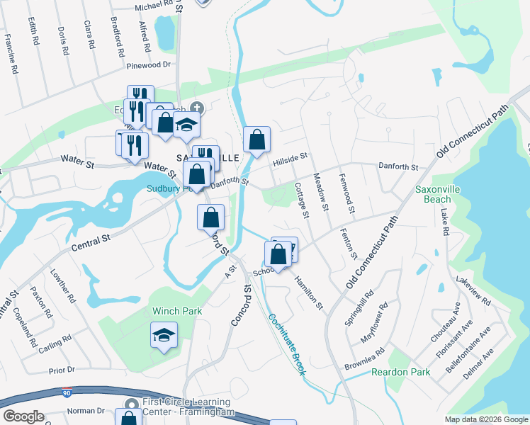 map of restaurants, bars, coffee shops, grocery stores, and more near 11 Danforth Park Road in Framingham