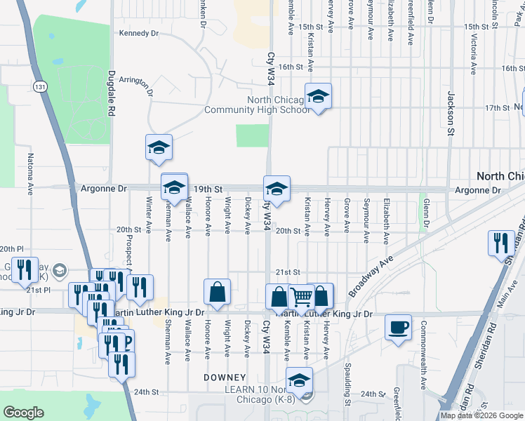 map of restaurants, bars, coffee shops, grocery stores, and more near 1922 Lewis Avenue in North Chicago
