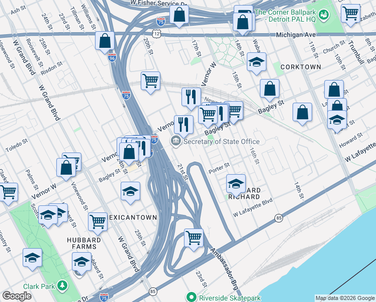 map of restaurants, bars, coffee shops, grocery stores, and more near 1525 20th Street in Detroit