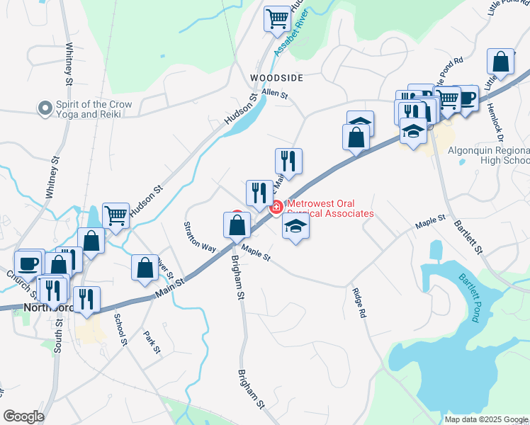 map of restaurants, bars, coffee shops, grocery stores, and more near 173 Main Street in Northborough