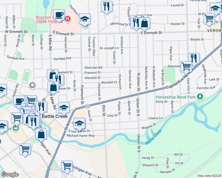 map of restaurants, bars, coffee shops, grocery stores, and more near 244 Calhoun Street in Battle Creek