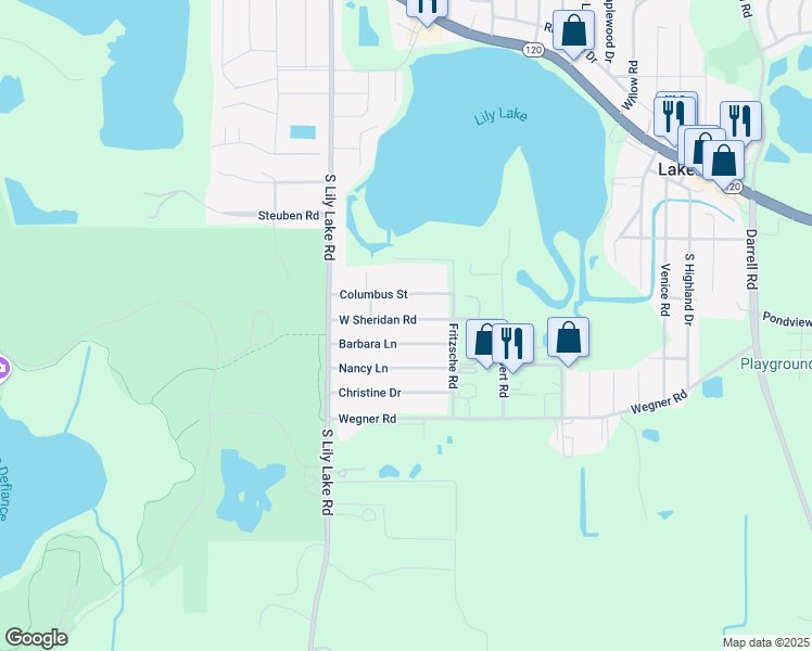 map of restaurants, bars, coffee shops, grocery stores, and more near 615 West Sheridan Road in Lakemoor