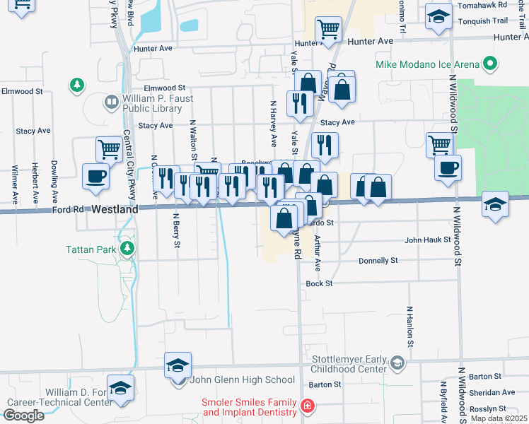 map of restaurants, bars, coffee shops, grocery stores, and more near 35551 Ford Rd in Westland