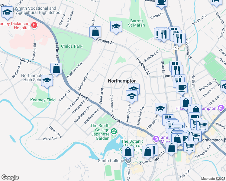 map of restaurants, bars, coffee shops, grocery stores, and more near 234 Crescent Street in Northampton