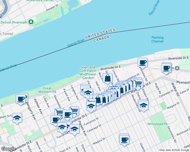 map of restaurants, bars, coffee shops, grocery stores, and more near in Windsor