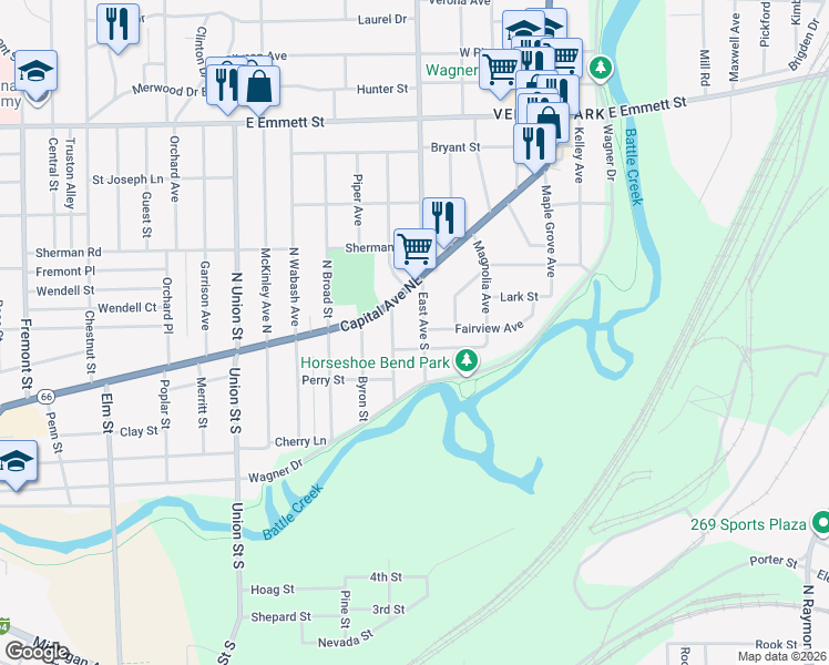 map of restaurants, bars, coffee shops, grocery stores, and more near 58 East Avenue North in Battle Creek