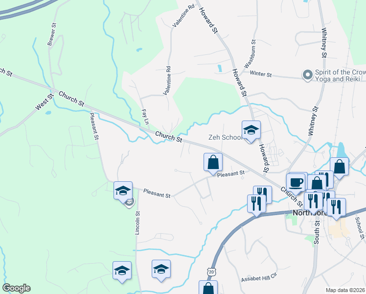 map of restaurants, bars, coffee shops, grocery stores, and more near 121-121A Church Street in Northborough