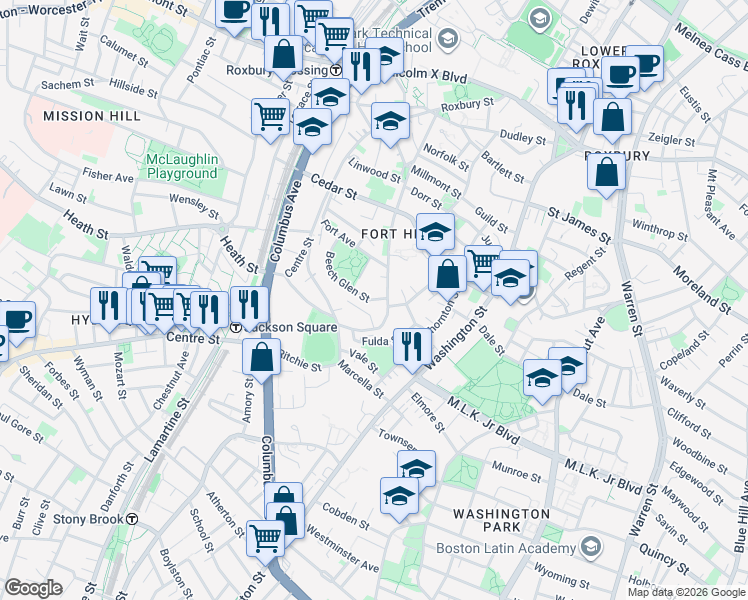 map of restaurants, bars, coffee shops, grocery stores, and more near 58 Beech Glen Street in Boston