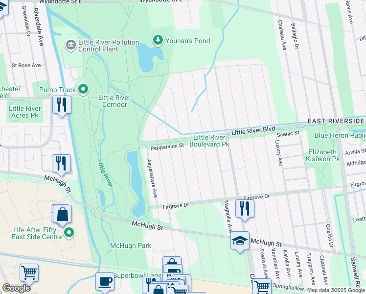 map of restaurants, bars, coffee shops, grocery stores, and more near 1282 Barkley Avenue in Windsor