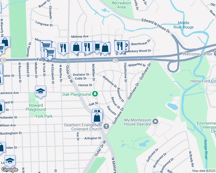 map of restaurants, bars, coffee shops, grocery stores, and more near 1734 Dacosta in Dearborn