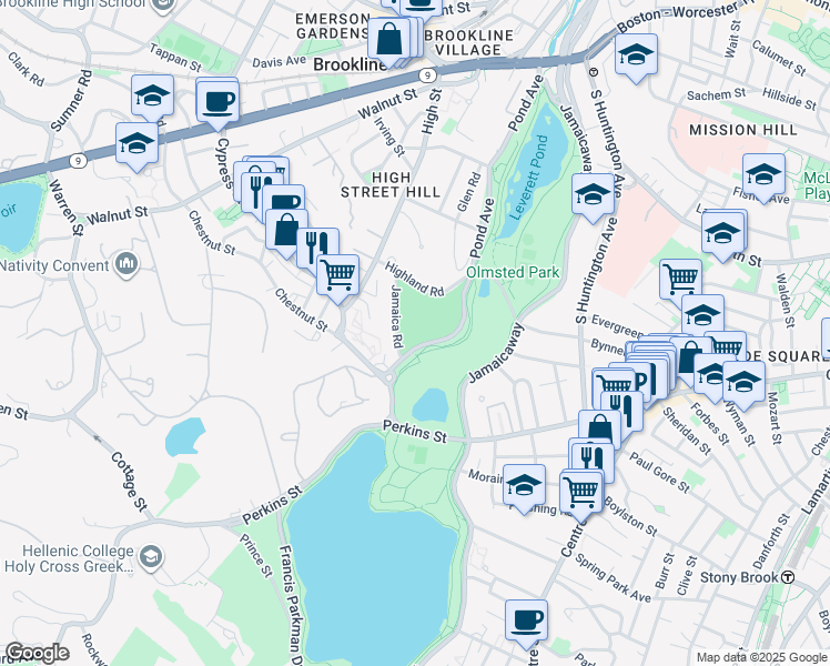 map of restaurants, bars, coffee shops, grocery stores, and more near 361 Pond Avenue in Brookline