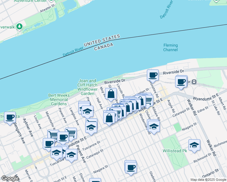 map of restaurants, bars, coffee shops, grocery stores, and more near 268 Gladstone Avenue in Windsor
