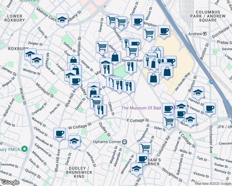 map of restaurants, bars, coffee shops, grocery stores, and more near 69 Shirley Street in Boston