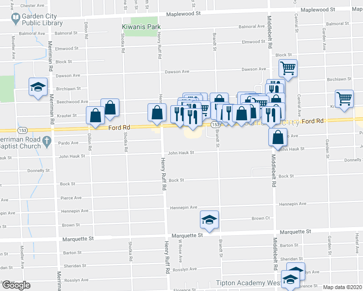 map of restaurants, bars, coffee shops, grocery stores, and more near 30136 John Hauk Street in Garden City