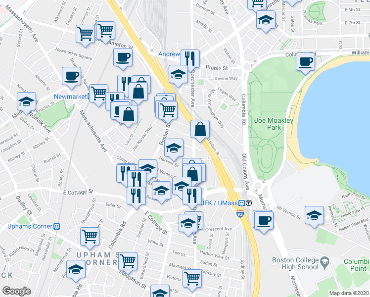 map of restaurants, bars, coffee shops, grocery stores, and more near 17 Dorset Street in Boston
