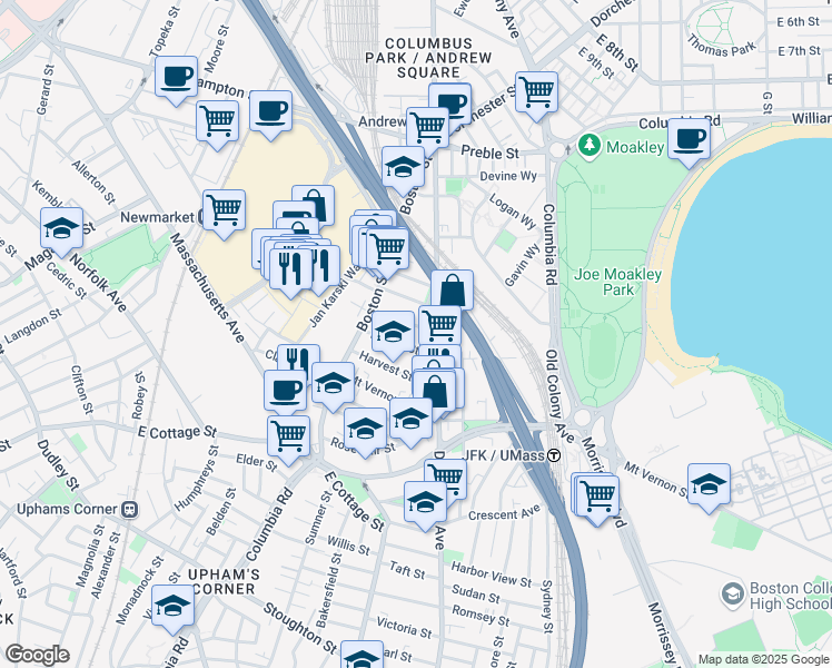 map of restaurants, bars, coffee shops, grocery stores, and more near 17 Dorset Street in Boston