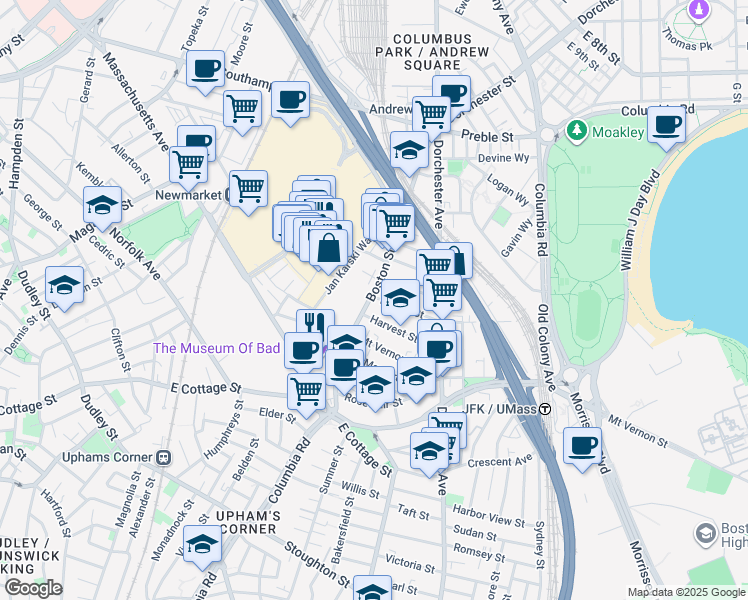 map of restaurants, bars, coffee shops, grocery stores, and more near 56 Dorset Street in Boston