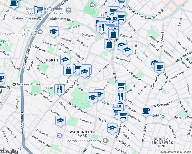 map of restaurants, bars, coffee shops, grocery stores, and more near 64B Regent Street in Boston
