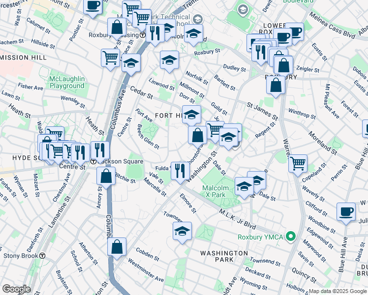 map of restaurants, bars, coffee shops, grocery stores, and more near 45 Hawthorne Street in Boston