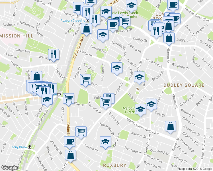 map of restaurants, bars, coffee shops, grocery stores, and more near 45 Hawthorne Street in Boston