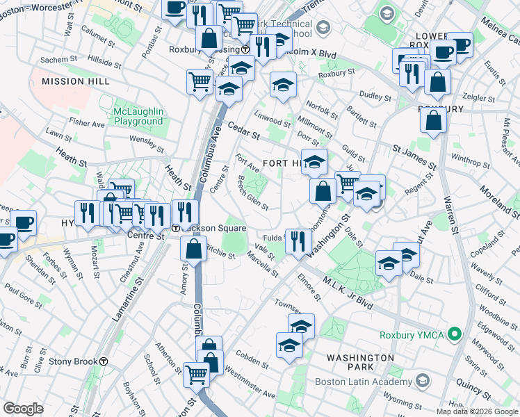 map of restaurants, bars, coffee shops, grocery stores, and more near 65 Beech Glen Street in Boston