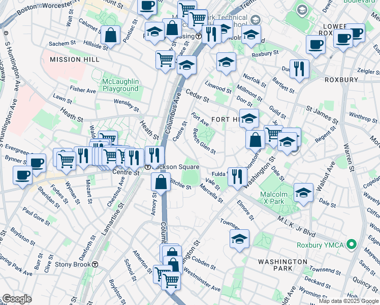 map of restaurants, bars, coffee shops, grocery stores, and more near 91 Marcella Street in Boston