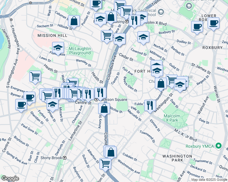 map of restaurants, bars, coffee shops, grocery stores, and more near 286 Highland Street in Boston