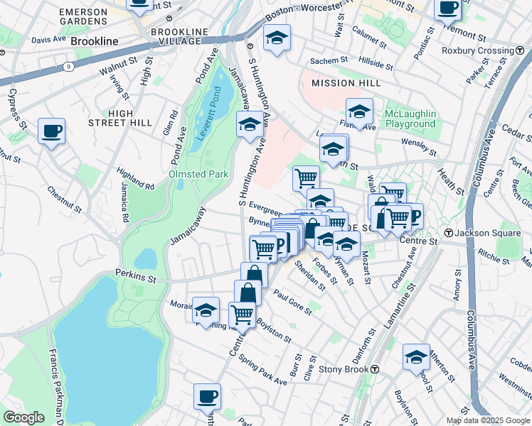map of restaurants, bars, coffee shops, grocery stores, and more near 28 Evergreen Street in Boston