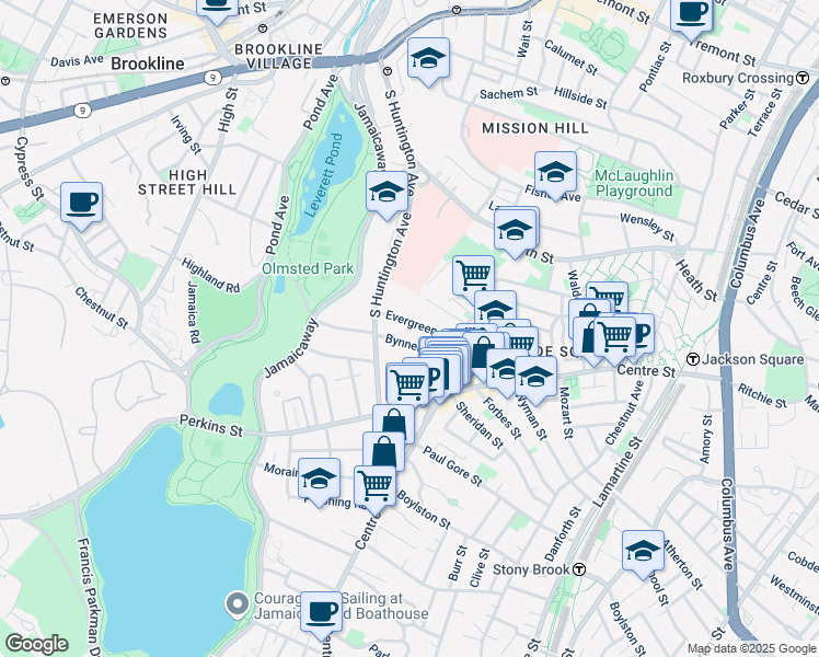 map of restaurants, bars, coffee shops, grocery stores, and more near 28 Evergreen Street in Boston