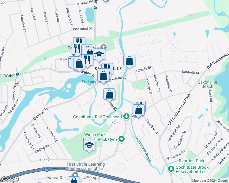 map of restaurants, bars, coffee shops, grocery stores, and more near 1595 Concord Street in Framingham