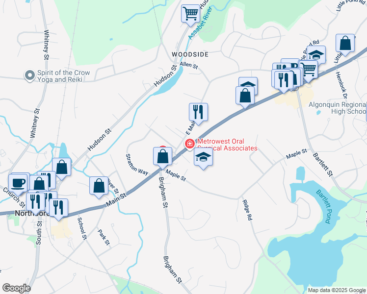 map of restaurants, bars, coffee shops, grocery stores, and more near 173 Main Street in Northborough