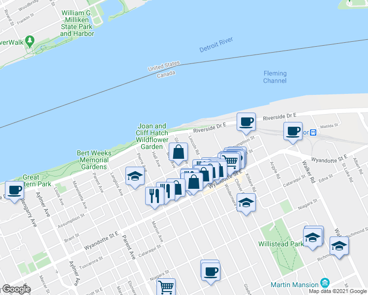 map of restaurants, bars, coffee shops, grocery stores, and more near 269 Gladstone Avenue in Windsor