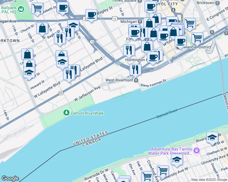 map of restaurants, bars, coffee shops, grocery stores, and more near 200 Riverfront Drive in Detroit